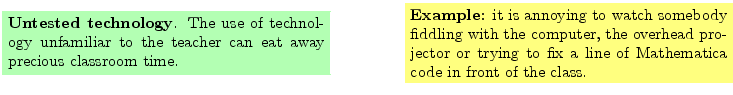 $\textstyle \parbox{16cm}{
\fcolorbox{green1}{green1}{\parbox{7cm}{
{\bf Untest...
...ctor or trying to fix a line of
Mathematica code in front of the class.
}}
}$