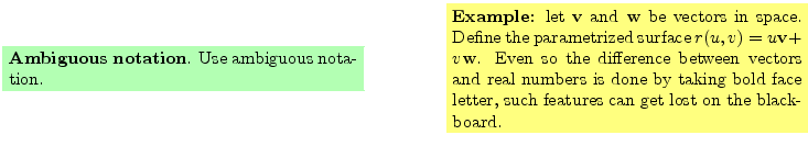 $\textstyle \parbox{16cm}{
\fcolorbox{green1}{green1}{\parbox{7cm}{
{\bf Ambigu...
... taking bold face letter, such
features can get lost on the blackboard.
}}
}$