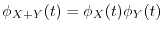 $\phi_{X+Y}(t) = \phi_X(t) \phi_Y(t)$