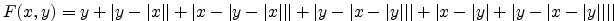 $ F(x,y) = y+\vert y-\vert x\vert\vert +\vert x-\vert y-\vert x\vert\vert\vert +...
...rt\vert\vert +\vert x-\vert y\vert+\vert y-\vert x-\vert y\vert\vert\vert\vert $