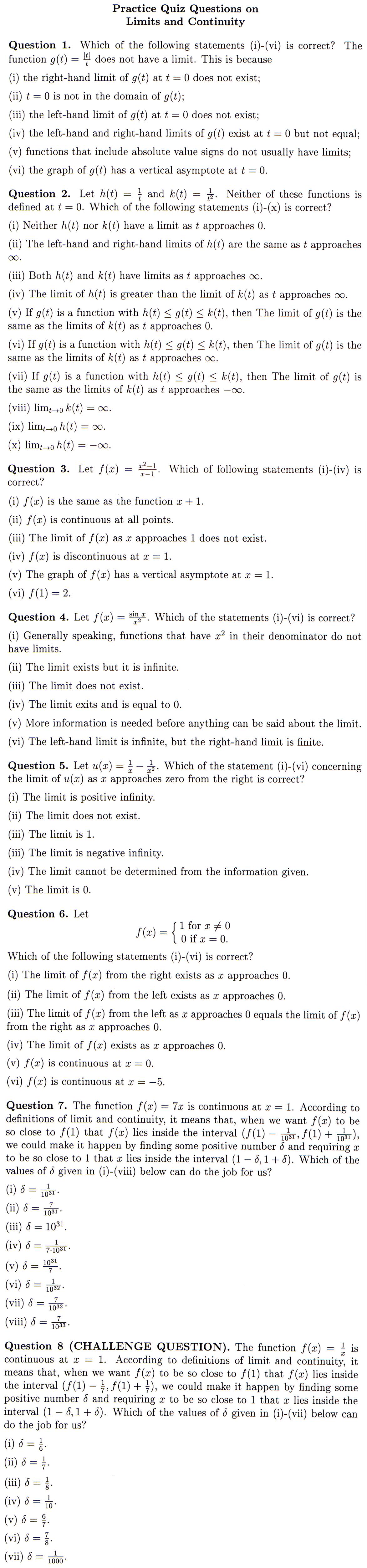 Practice Quiz Limits And Continuity
