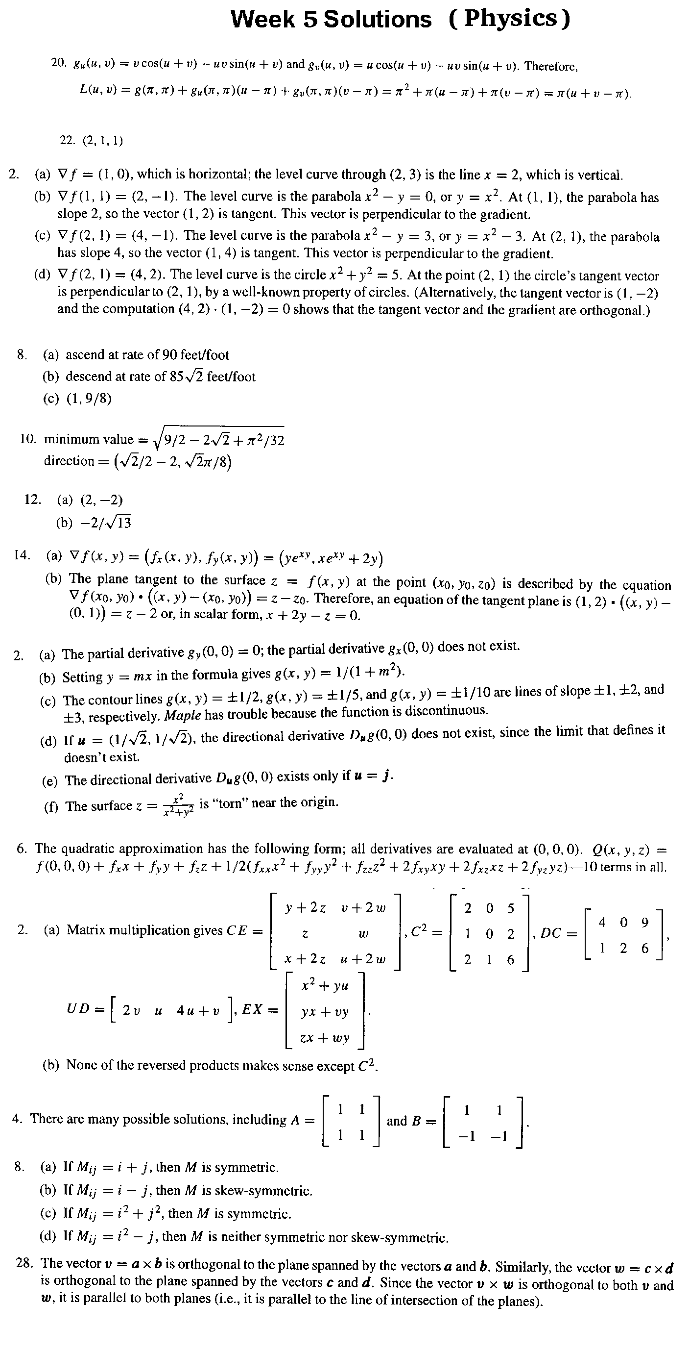 Multivariable Math Homework Problem Homework Math 21a Fall 2000, Multivariable Calculus,