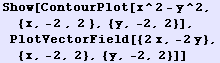 Show[ContourPlot[x^2 - y^2, {x, -2 , 2 }, {y, -2, 2}], PlotVectorField[{2x, -2y}, {x, -2, 2}, {y, -2, 2}]]