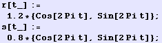 r[t_] := 1.2 * {Cos[2Pi t], Sin[2Pi t]} ; s[t_] := 0.8 * {Cos[2Pi t], Sin[2Pi t]} ;